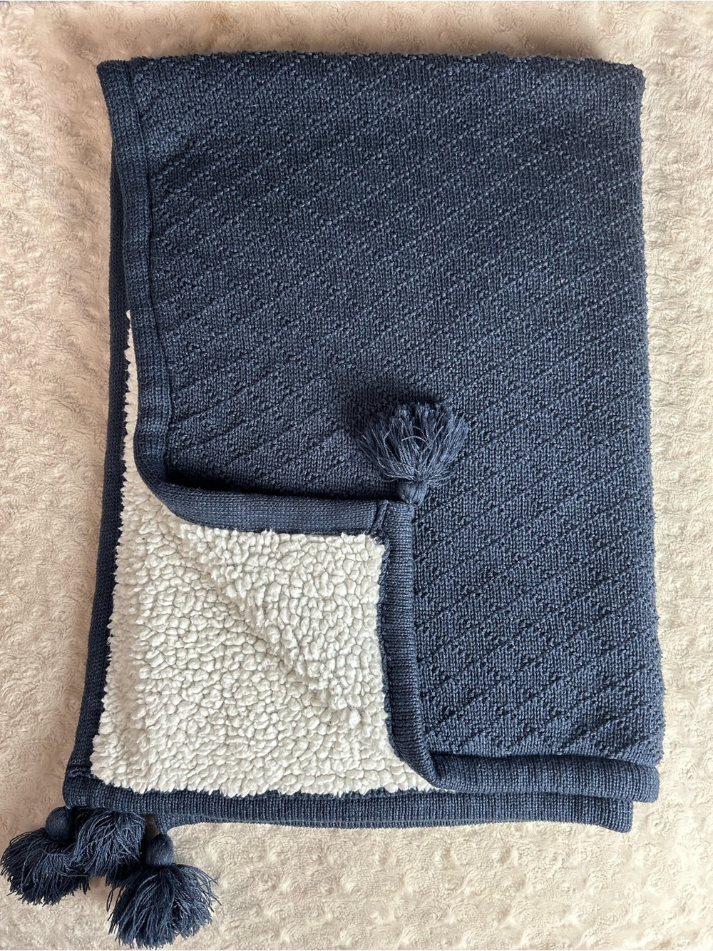 Blue White Sweater Knit Baby Blanket Sherpa Reversible Tassel Corners